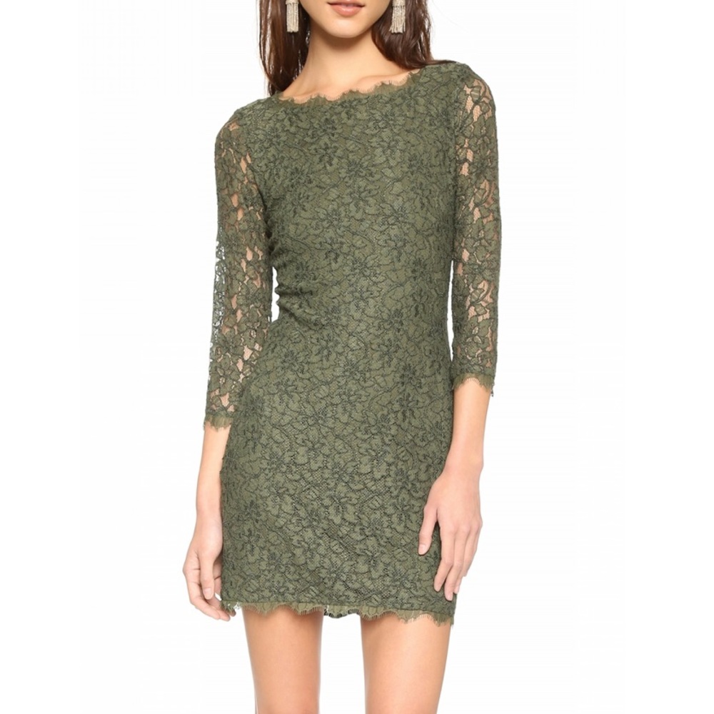 DVF Zarita Lace Sheath Dress In Olive Size 6